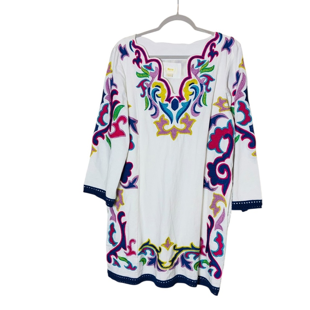 Mauve White Embroidered Midi Dress with Colorful Folkloric Motifs